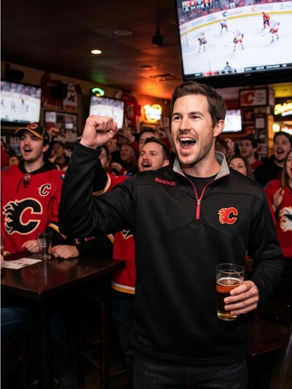 Reebok Men's Black Calgary Flames Half-Zip Pullover with Red Accents